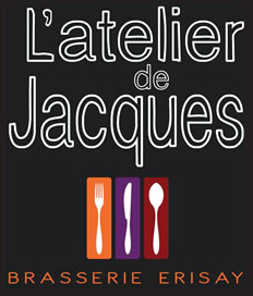 Logo L'Atelier de Jacques, brasserie Erisay; icônes de couverts colorés.