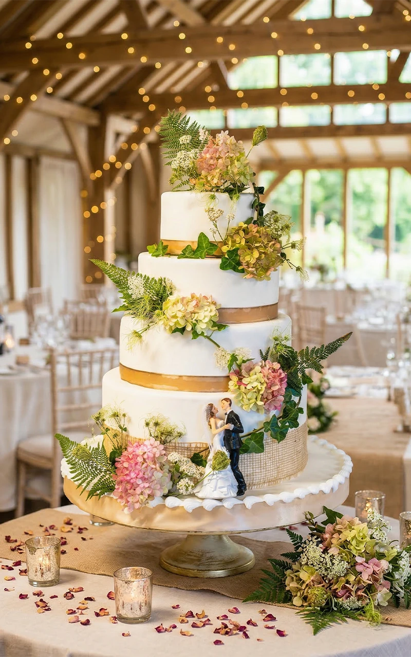 Gâteau de mariage à quatre étages décoré de fleurs pastel et verdure, dans une grange éclairée par des guirlandes lumineuses.