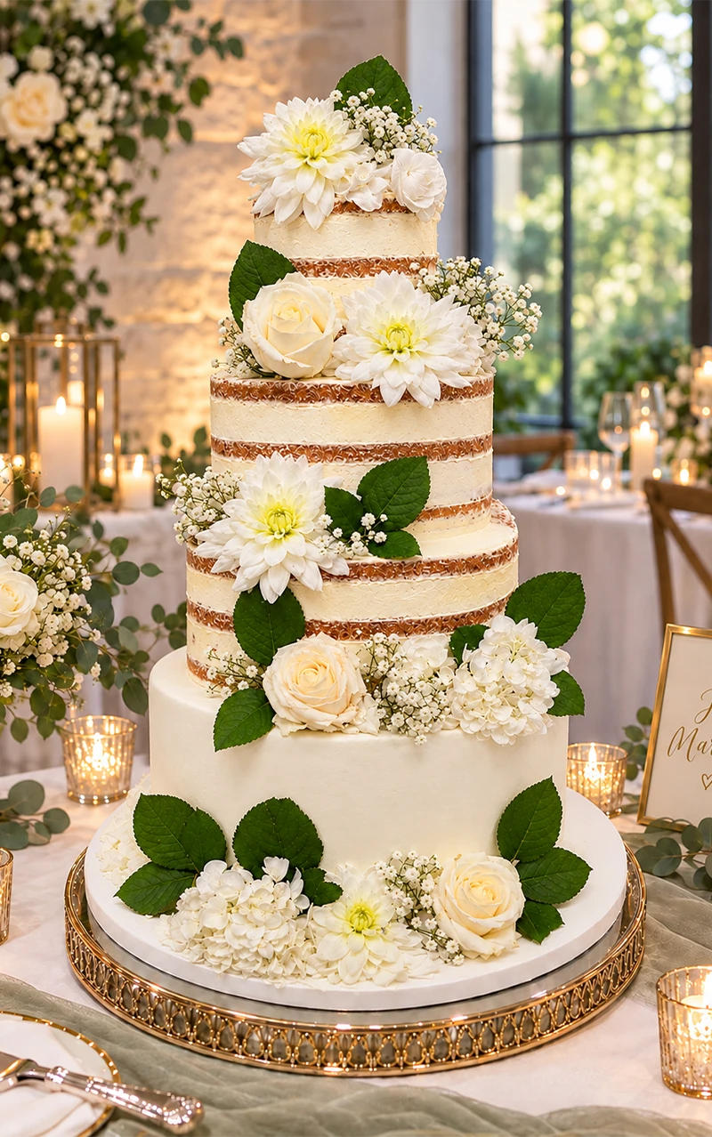 Gâteau de mariage à étages décoré de fleurs blanches et feuilles vertes dans une ambiance romantique.
