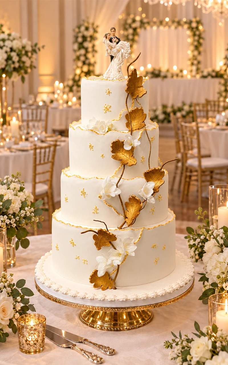 Gâteau de mariage à étages blanc avec feuilles dorées et fleurs blanches, figurine de mariés au sommet.