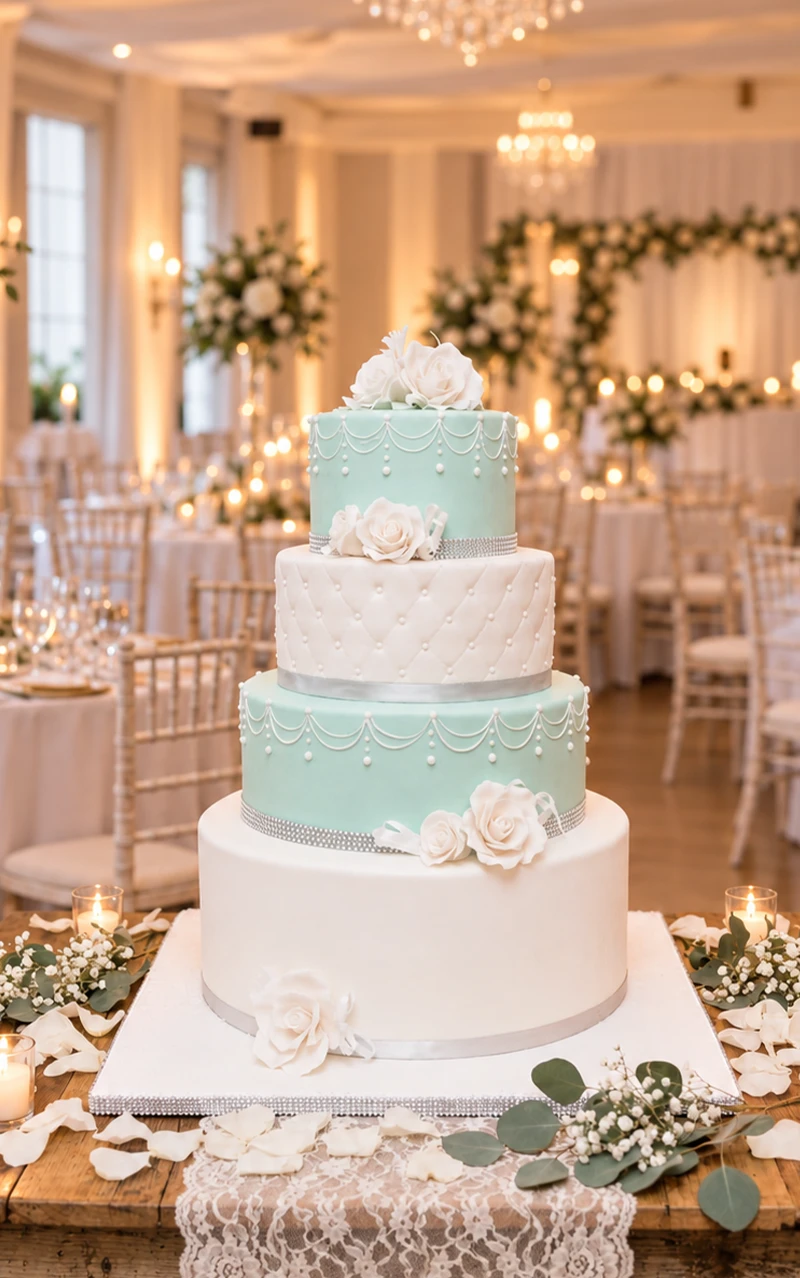 Gâteau de mariage à quatre étages turquoise et blanc, perles et roses, en salle décorée de chandeliers.