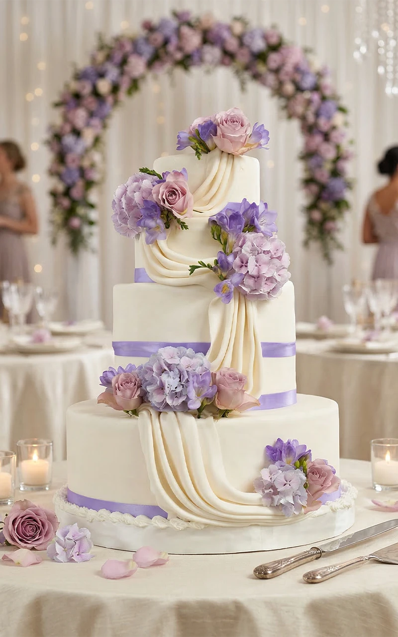 Gâteau de mariage à trois étages, décor blanc avec drapés crème, fleurs lavande et roses, rubans lilas.