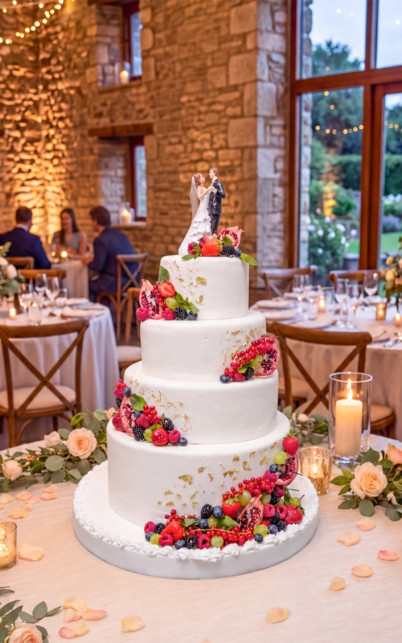 Gâteau de mariage à quatre étages garni de fruits colorés et figurine des mariés, dans une salle en pierre éclairée.