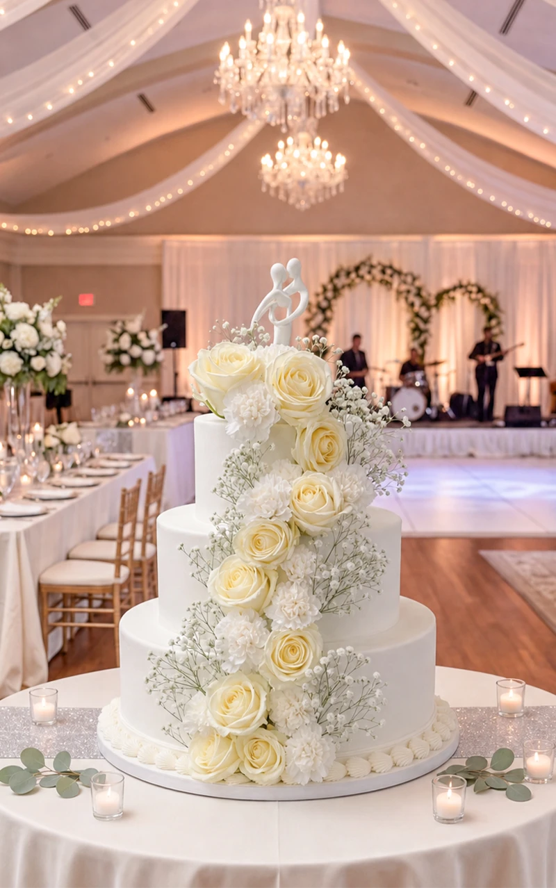 Gâteau de mariage à étages blanc ivoire, cascade de roses blanches et fleurs, topper couple; salle élégante avec chandeliers.