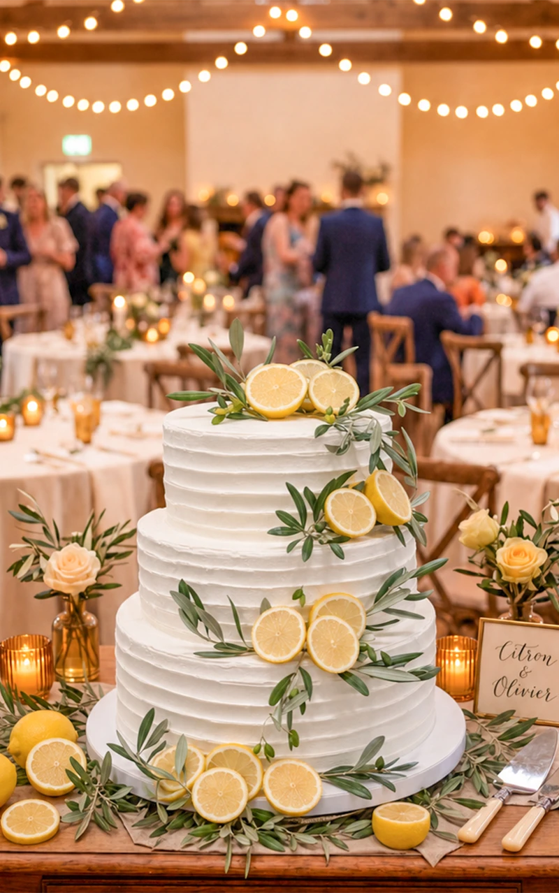 Gâteau à étages blanc décoré de tranches de citron et de feuillage vert, sur une table de réception lumineuse.