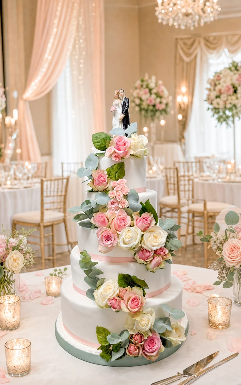 Gâteau de mariage à étages blanc avec cascade de roses roses et blanches et figurine de mariés.