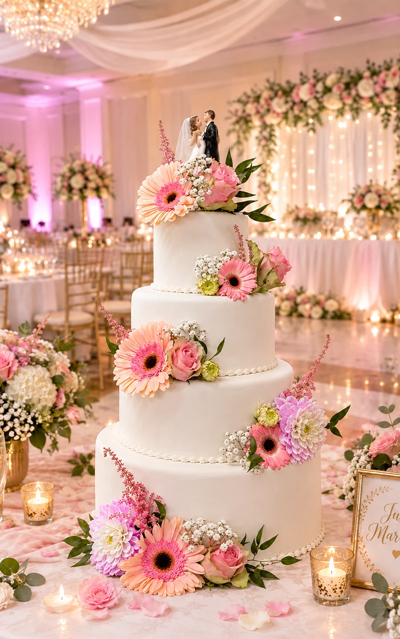 Gâteau de mariage à quatre étages, décor floral rose et blanc, figurine mari et épouse, ambiance romantique.