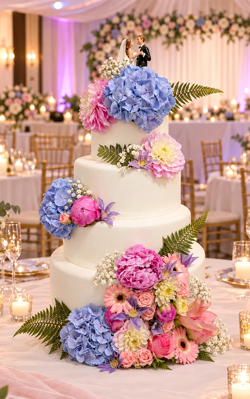 Gâteau de mariage à trois étages décoré d'hortensias bleus et roses, avec figurines des mariés au sommet.