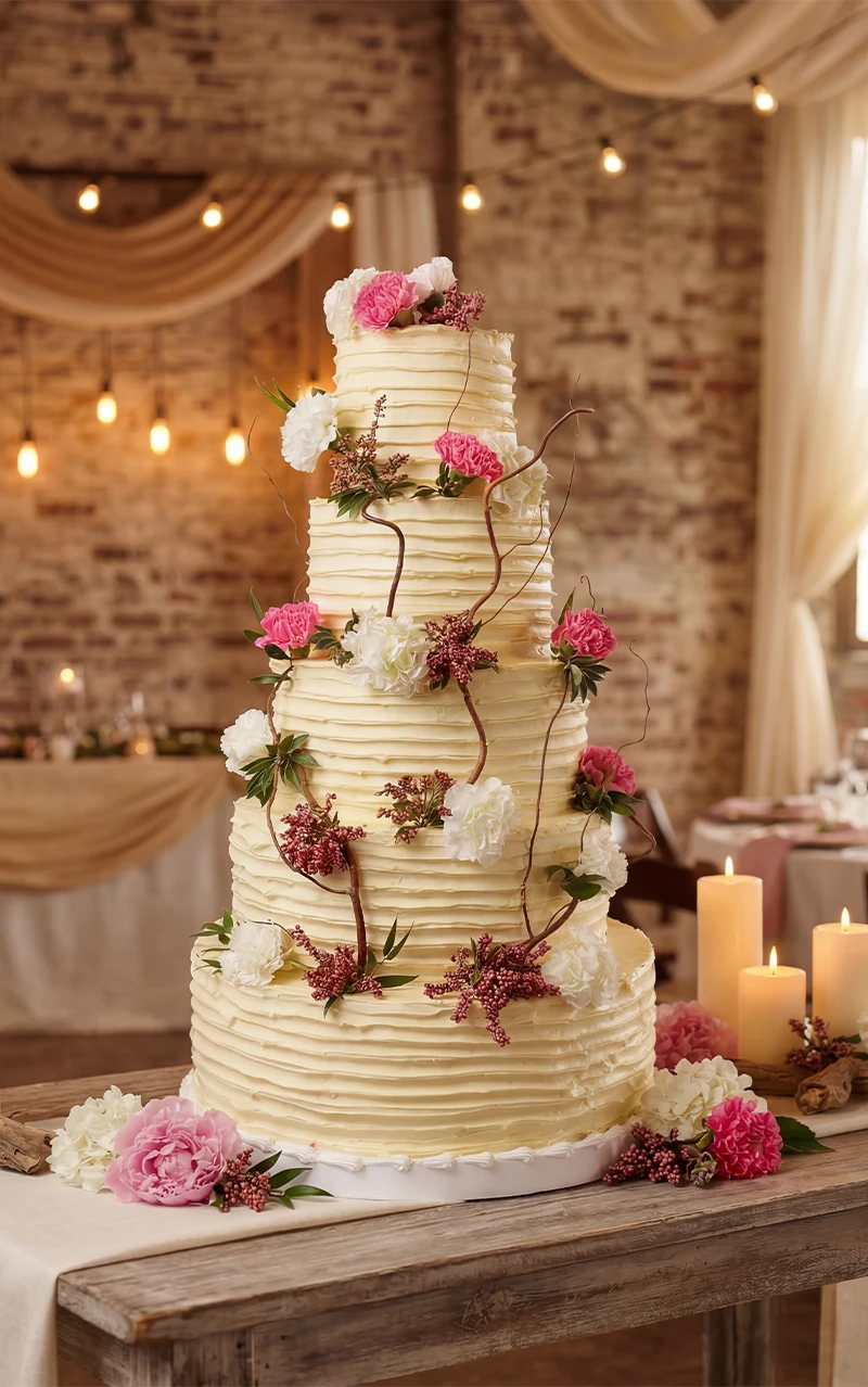 Gâteau de mariage à trois étages crème, fleurs roses et blanches, décor rustique avec bougies.